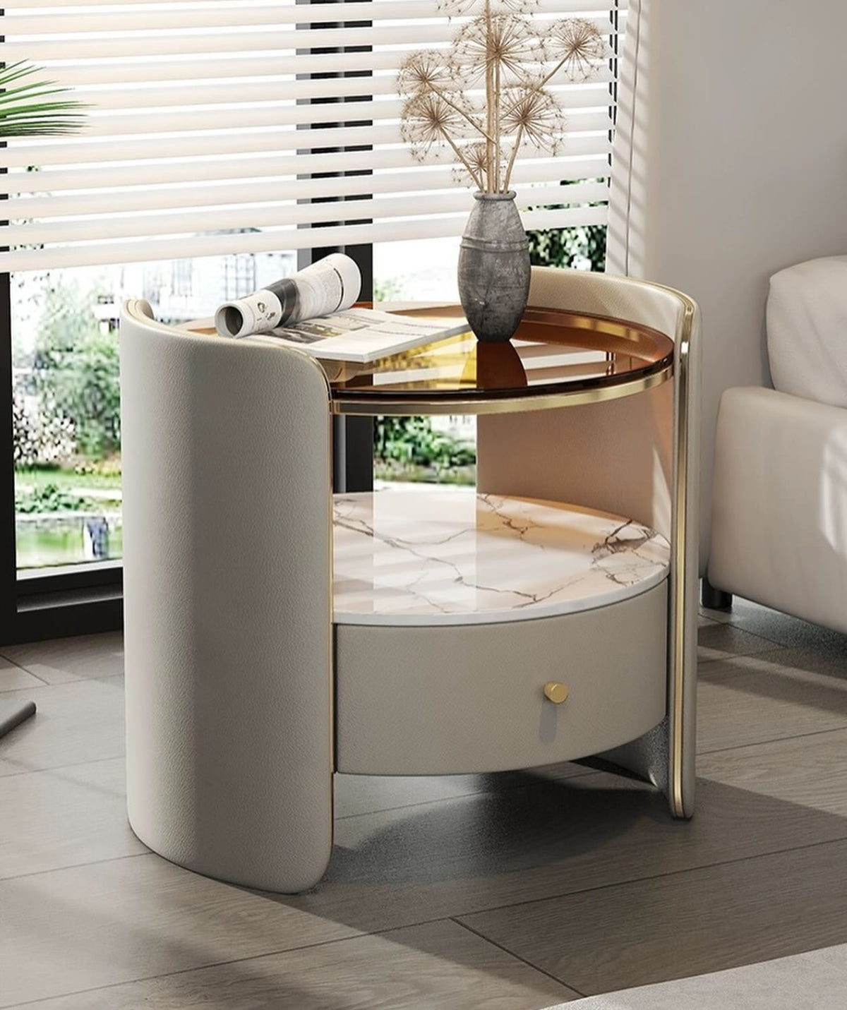 Hommie Round Amber Glass Top Drawer Side Table HBLC054 2