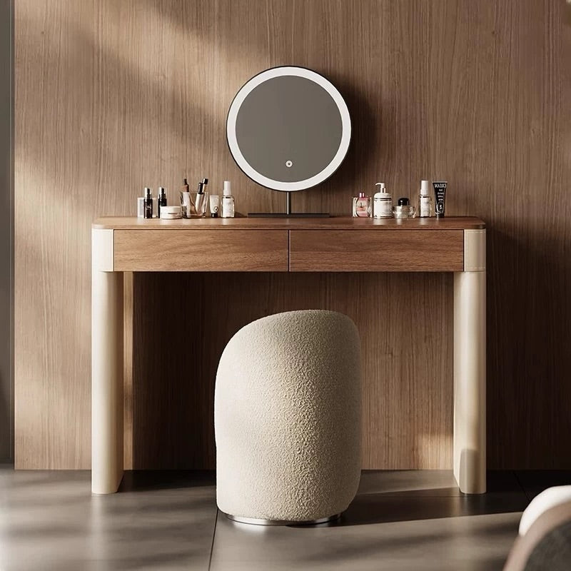 Hommie Walnut Top Beige Leg Dressing Table with Round Mirror and Stool HBMB022 3
