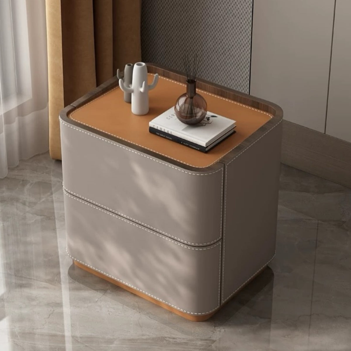 Hommie Taupe Saddle Leather Two Drawer Side Table HBLC052 1