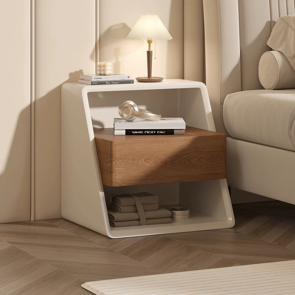 Hommie White Frame Walnut Drawer Bedside Table HBLC051 1