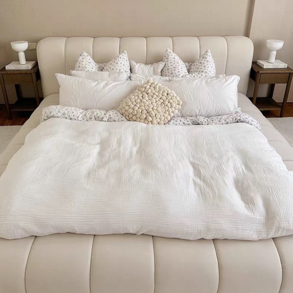 Hommie Cream Channel Tufted Low Platform Bed HBBD047 2