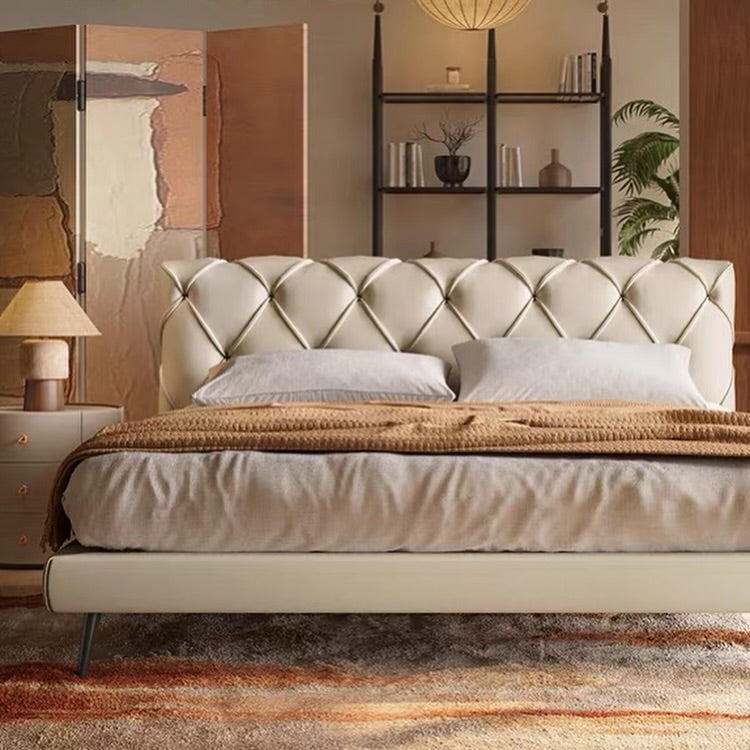 Hommie White Diamond Tufted Leather Bed HBBD030 2