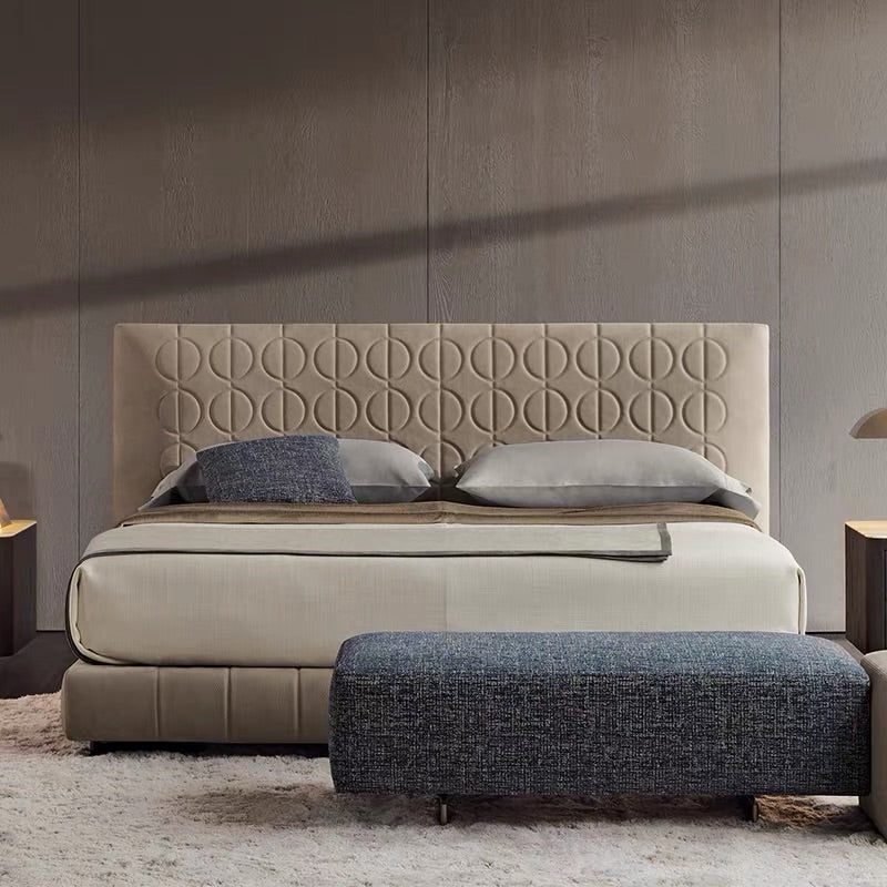 Hommie Beige Circle Quilted Headboard Bed HBBD027 6