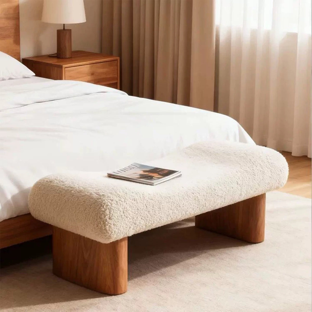 Hommie Boucle Arched Seat Block Leg Wood Bench HBBE035 1