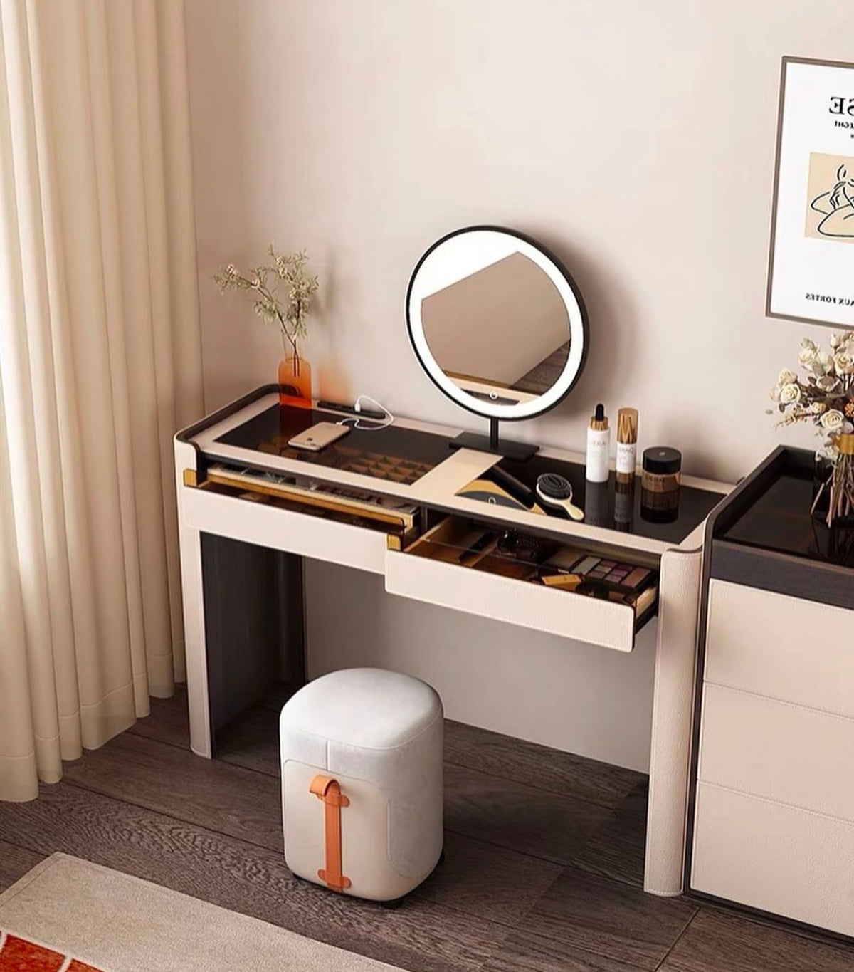 Hommie Cream Black Glass Top Dressing Table with Round Mirror and Stool HBMB023 1