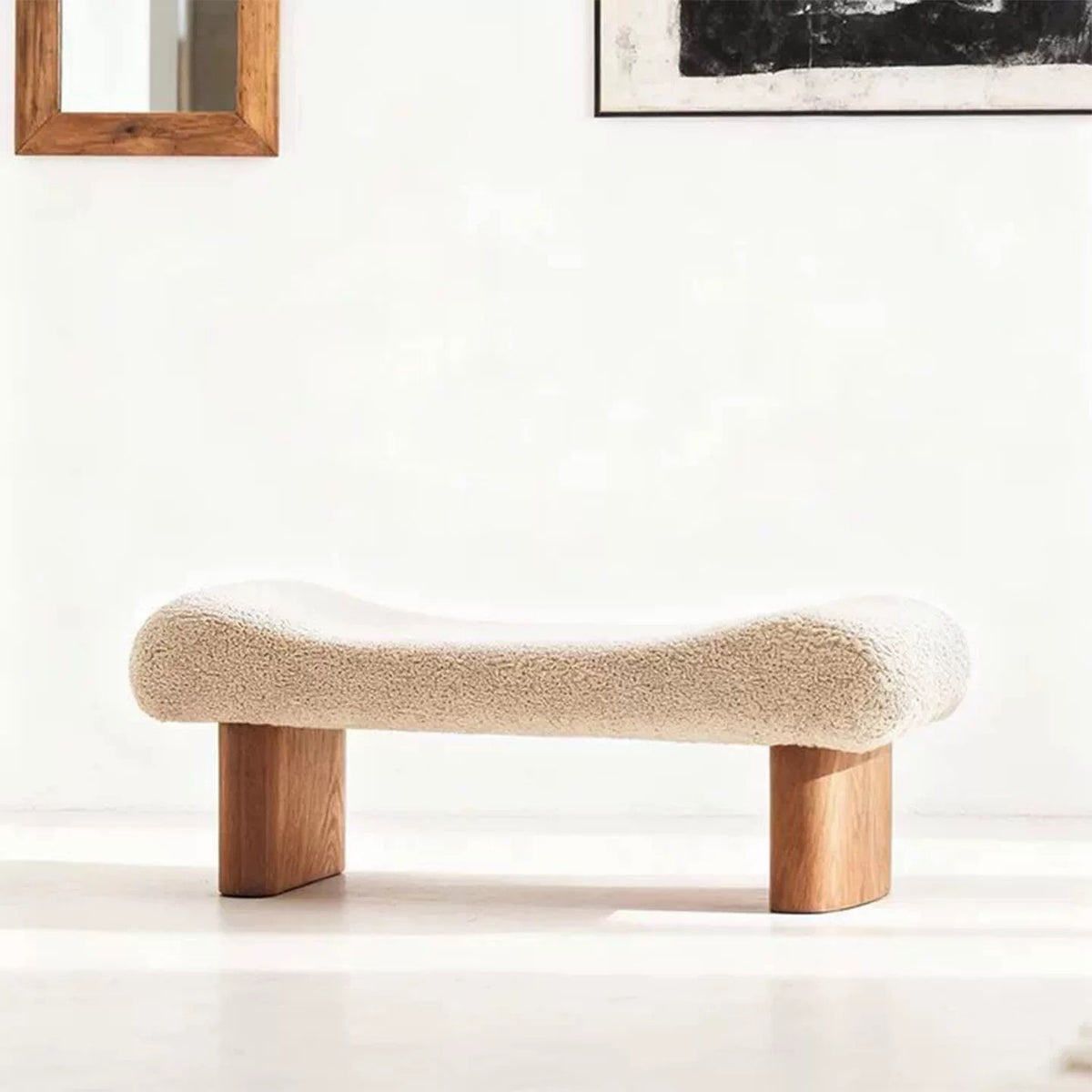 Hommie Boucle Arched Seat Block Leg Wood Bench HBBE035 2