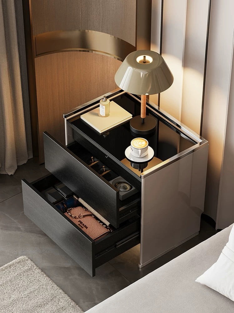 Hommie Black Chrome Trim Fingerprint Lock Drawer Bedside Table HBLC055 1