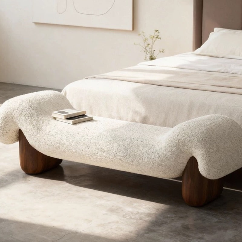Hommie Boucle Curled End Wood Leg Bench HBBE034 2
