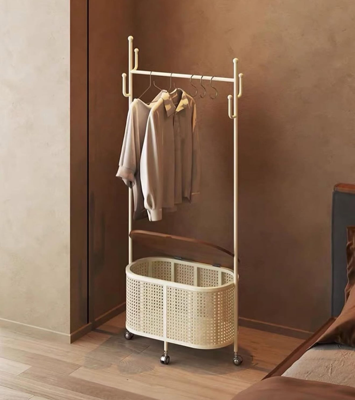 Hommie Cream Rattan Basket Wheeled Clothes Rack HBWR013 2
