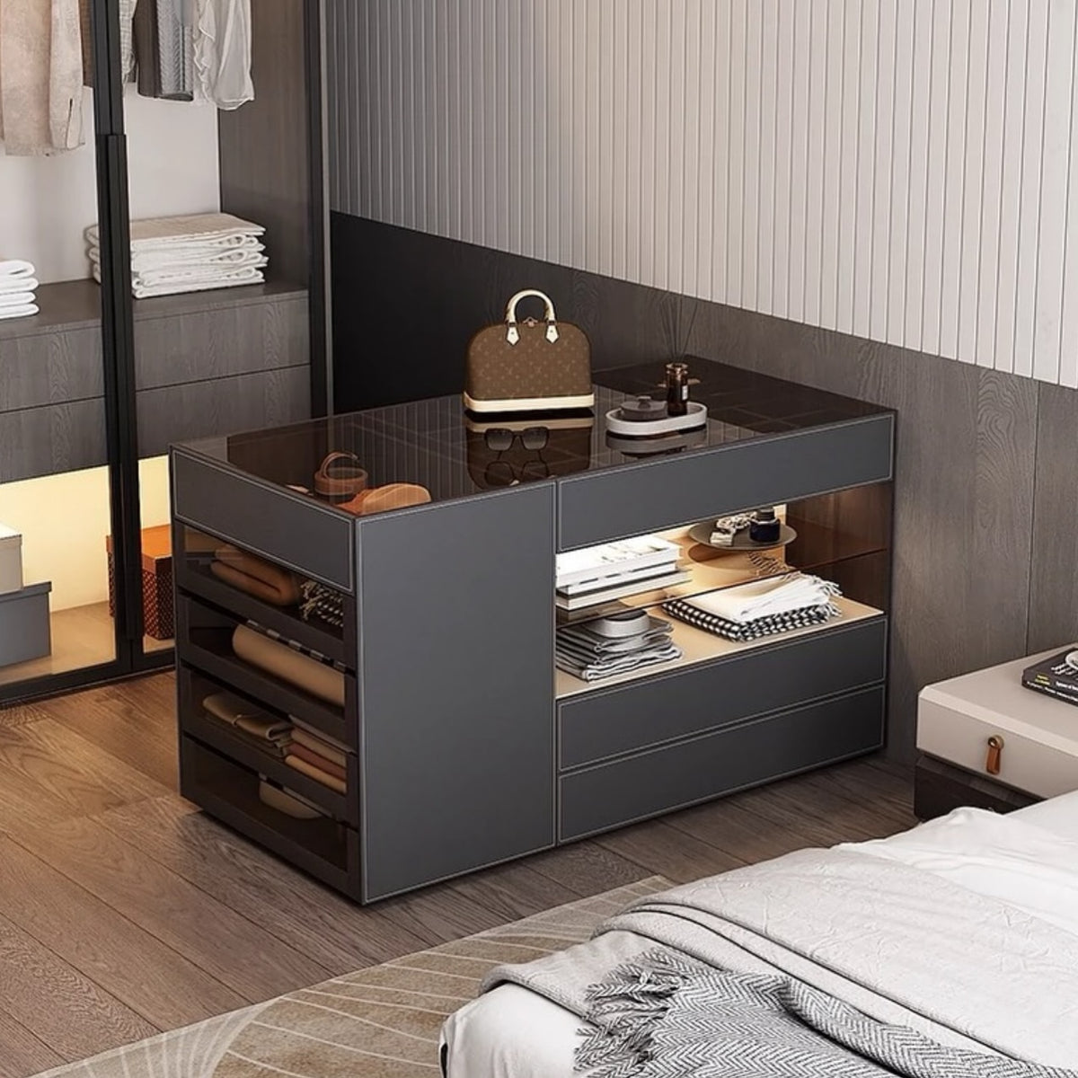 Hommie Dark Grey Glass Top Closet Island HBCB037 1