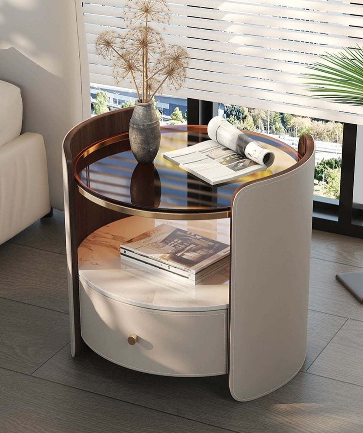Hommie Round Amber Glass Top Drawer Side Table HBLC054 1