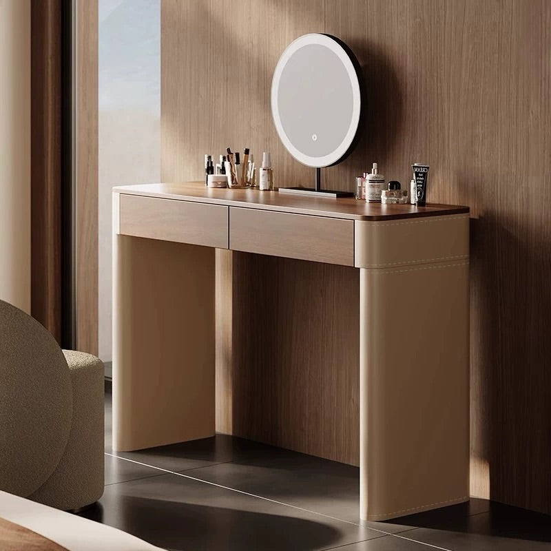 Hommie Walnut Top Beige Leg Dressing Table with Round Mirror and Stool HBMB022 2