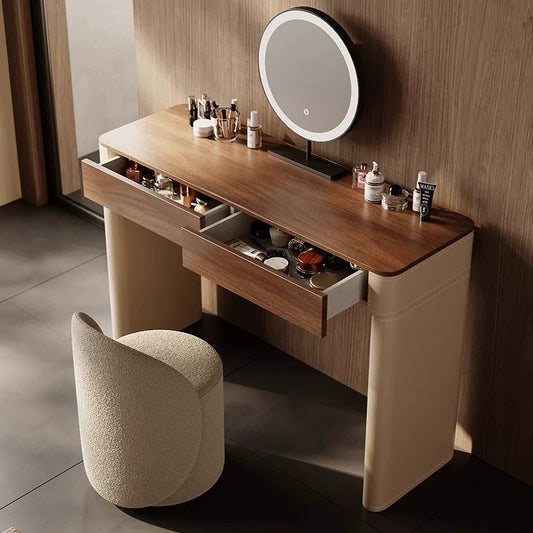 Hommie Walnut Top Beige Leg Dressing Table with Round Mirror and Stool HBMB022 1