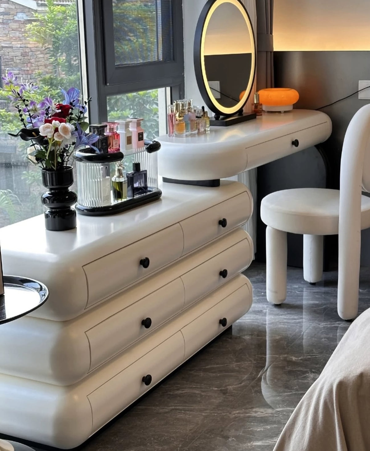 Hommie Rolled Drawer Dressing Table Set with Side Cabinet and Stool HBMB021 2