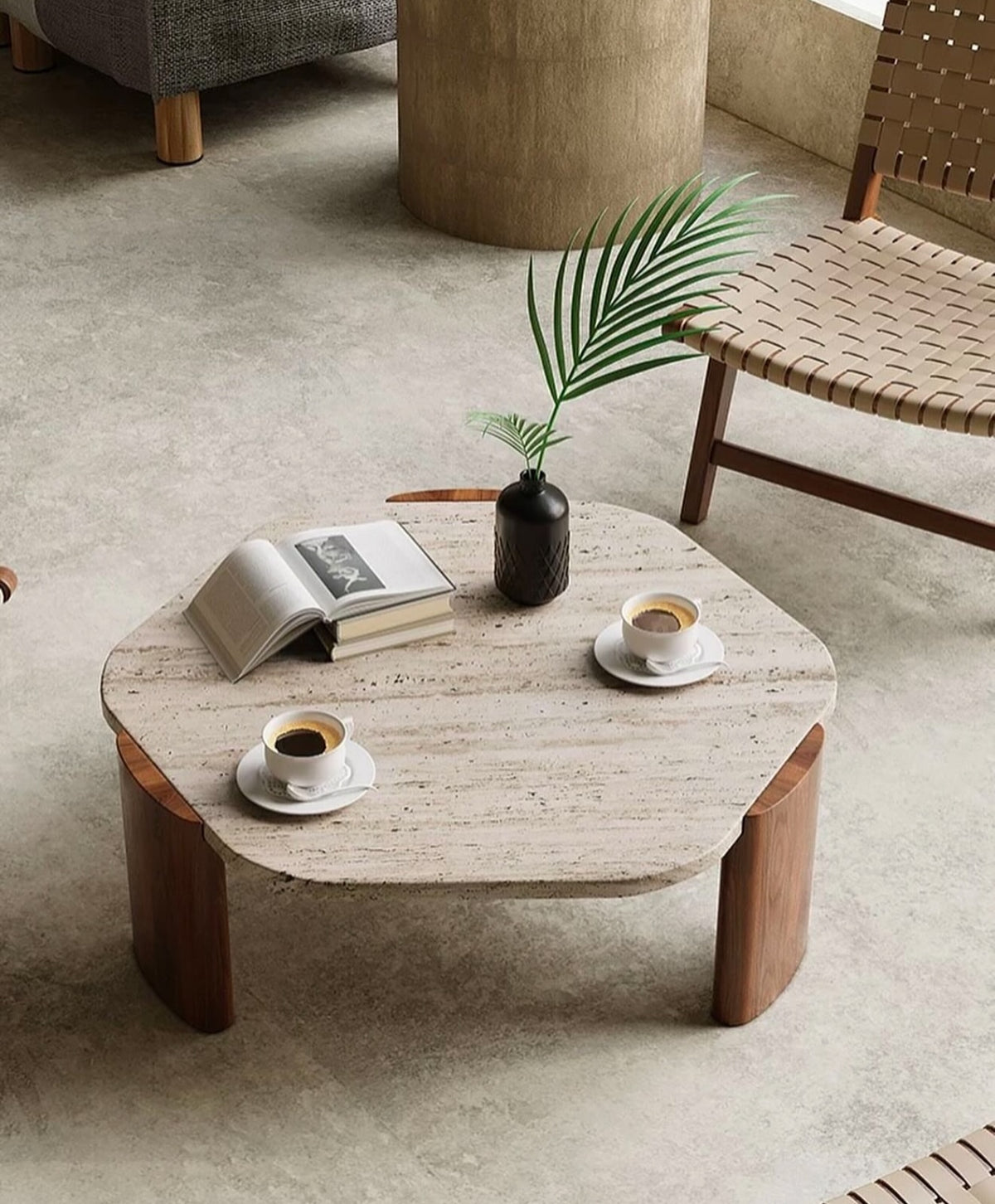 Hommie Travertine Top Solid Wood Leg Coffee Table HBFT062 1