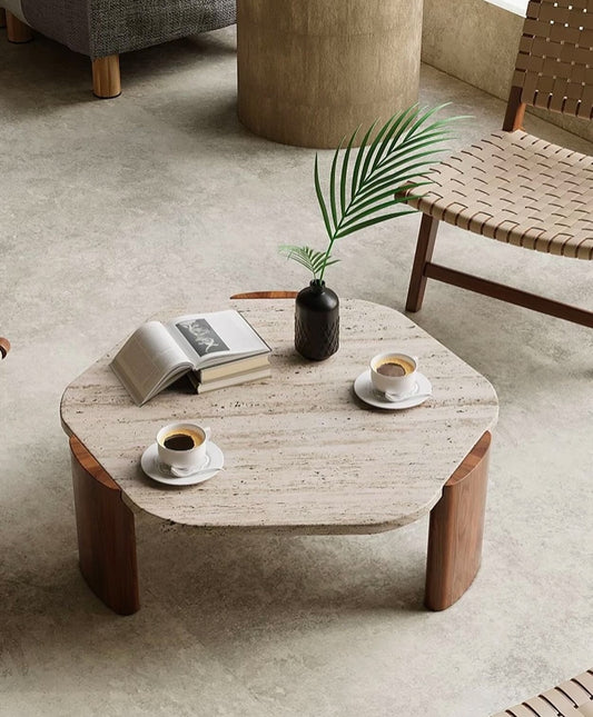 Hommie Travertine Top Solid Wood Leg Coffee Table HBFT062 1