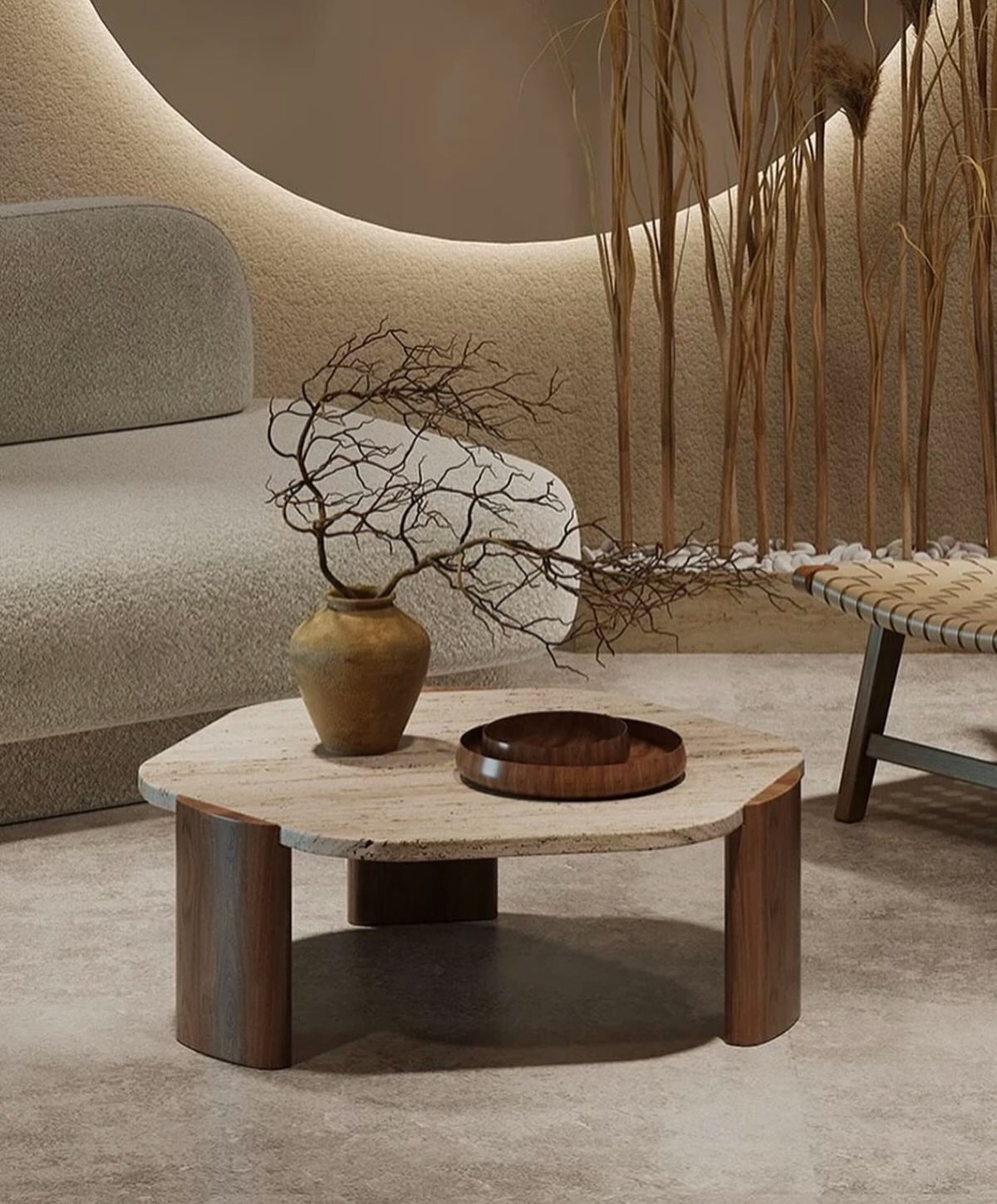 Hommie Travertine Top Solid Wood Leg Coffee Table HBFT062 2
