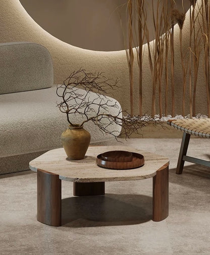 Hommie Travertine Top Solid Wood Leg Coffee Table HBFT062 2