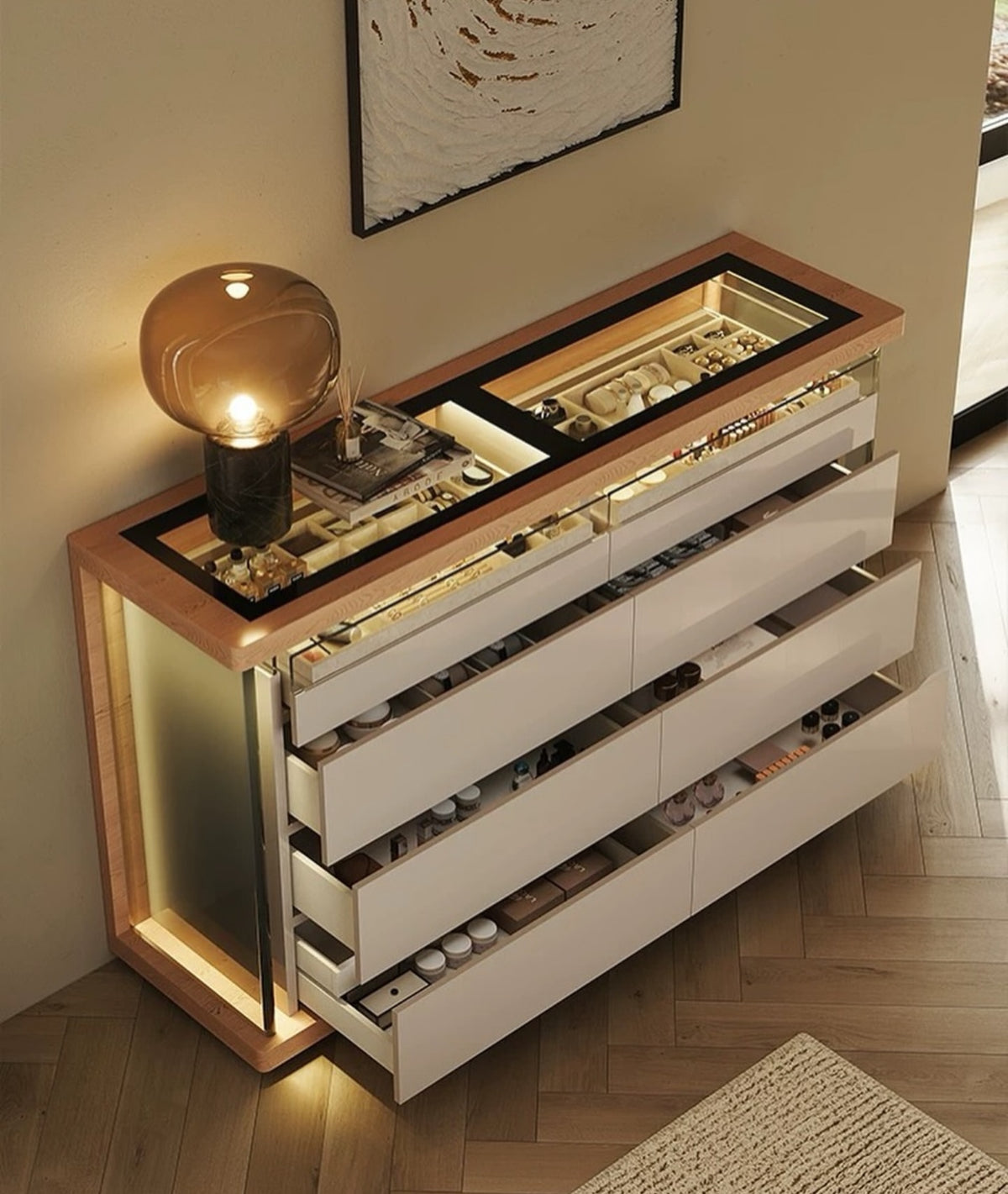Hommie Glass Top Drawer Cabinet with LED Lights HBCB035 1