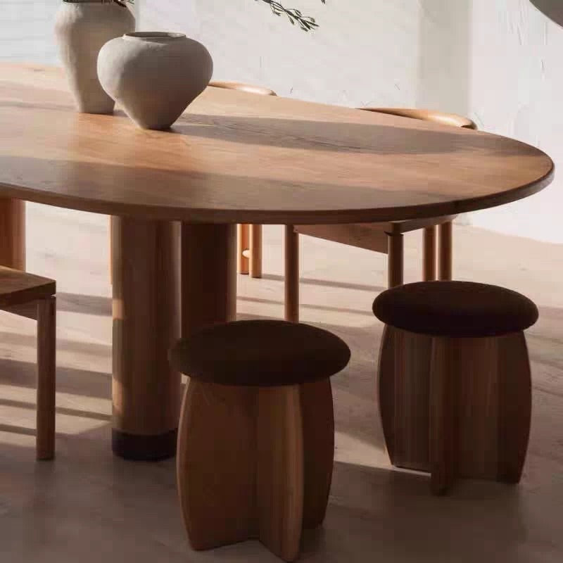 Hommie Brown Boucle Round Seat Wood Base Stool HBST045 1