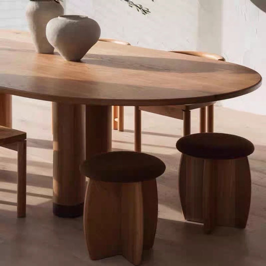 Hommie Brown Boucle Round Seat Wood Base Stool HBST045 1