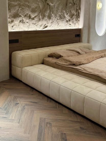 Hommie Cream Quilted Platform Bed with Low Wood Headboard HBBD049 2