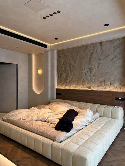 Hommie Cream Quilted Platform Bed with Low Wood Headboard HBBD049 3