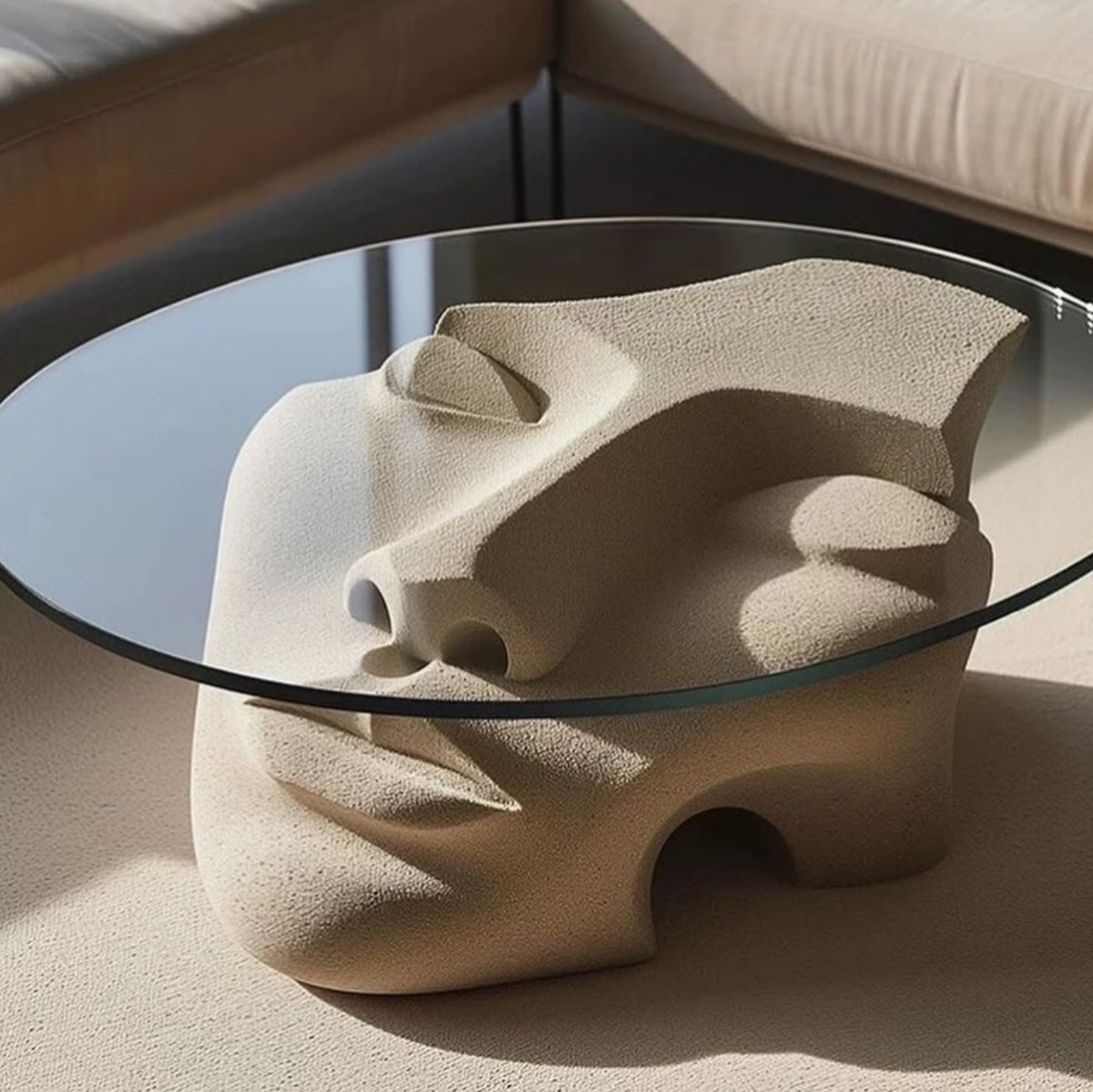 Hommie Glass Top Stone Face Sculpture Coffee Table HBFT061 1