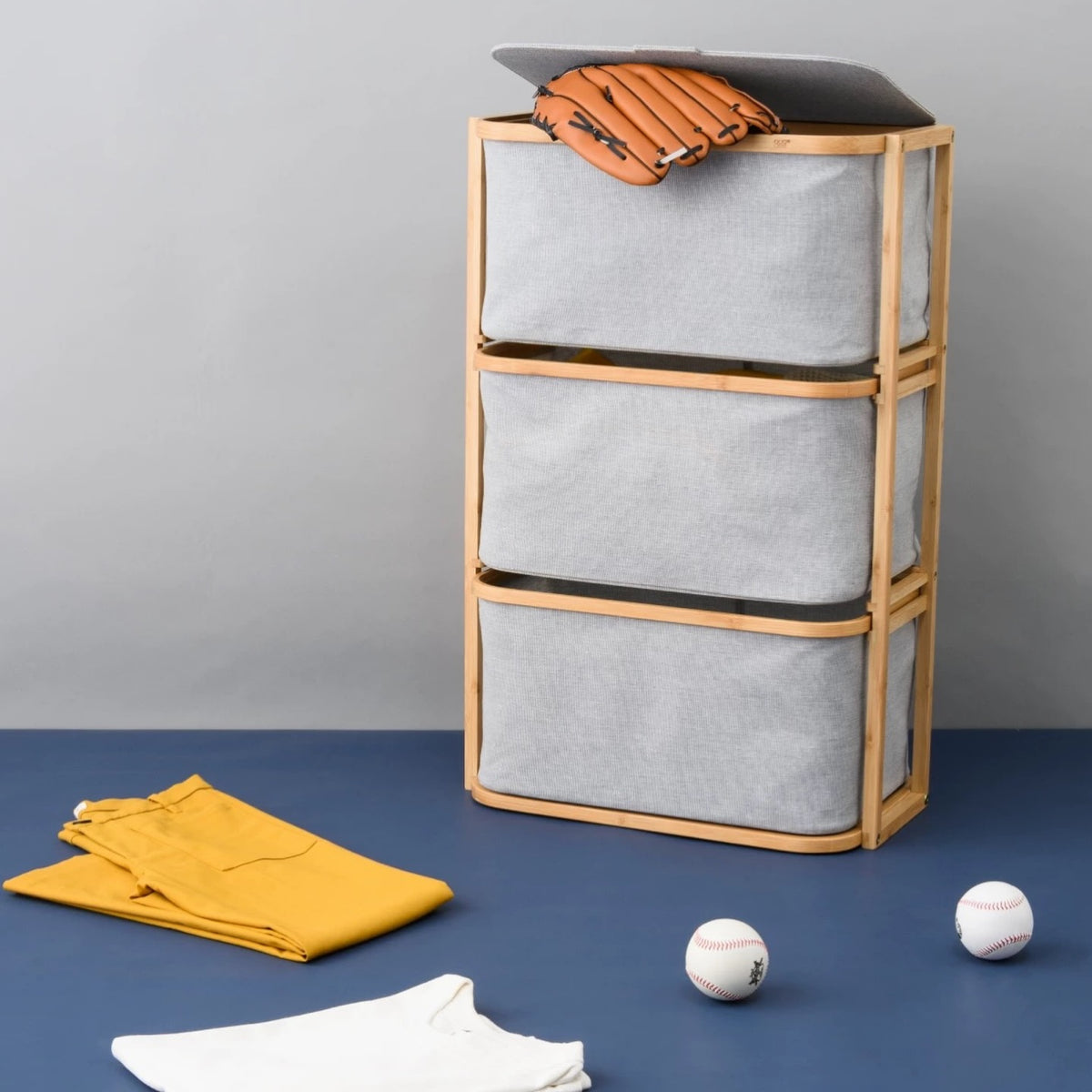 Hommie Grey Fabric Three Tier Clothes Basket HBBK012 1