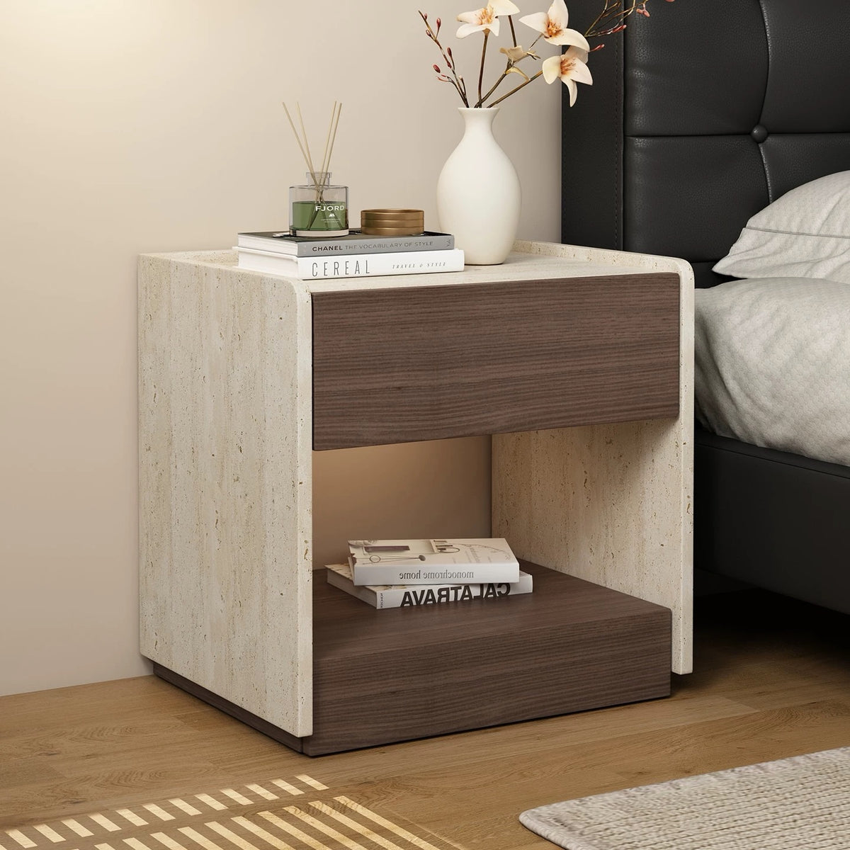Hommie Travertine Walnut Hidden Drawer Side Table HBLC047 2