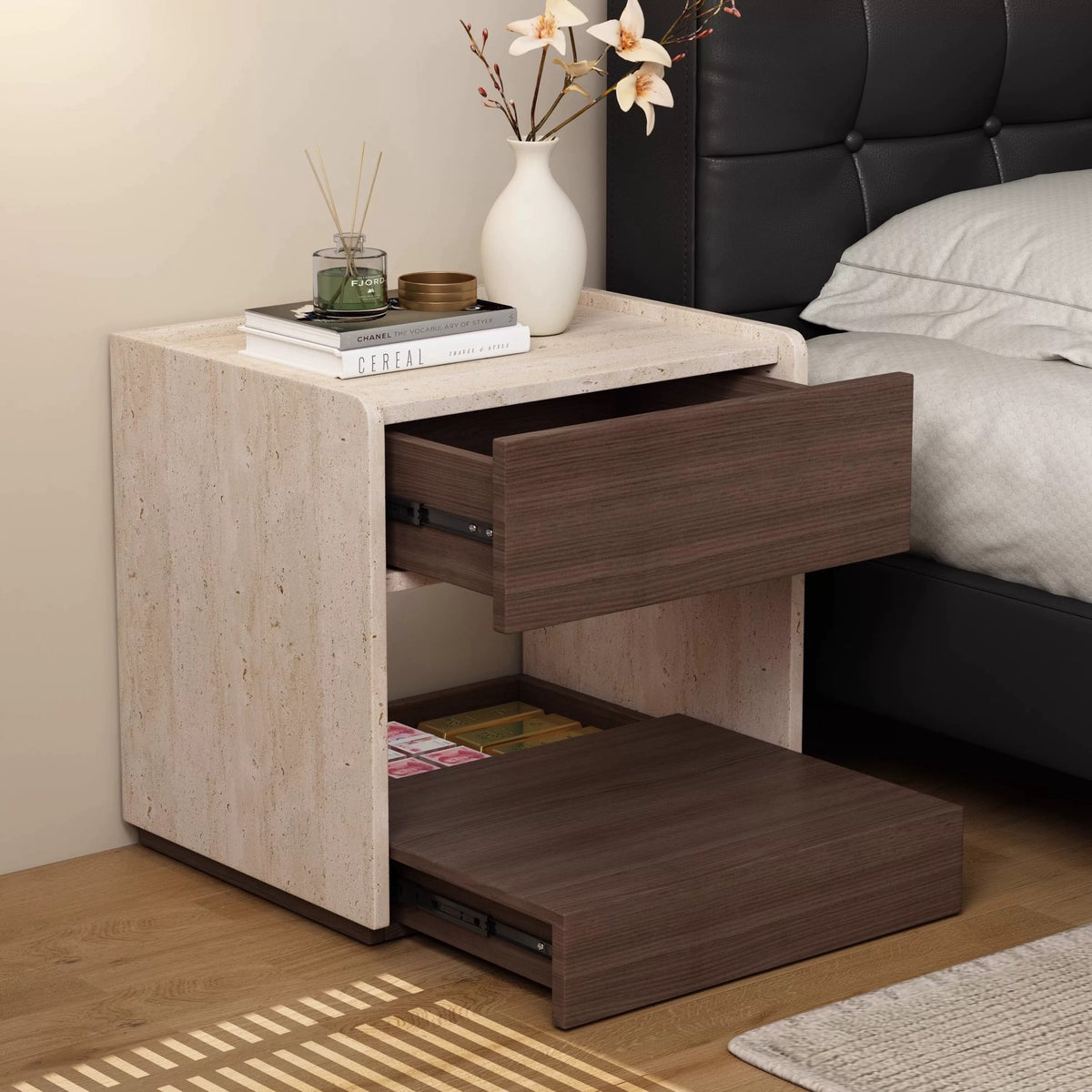 Hommie Travertine Walnut Hidden Drawer Side Table HBLC047 1