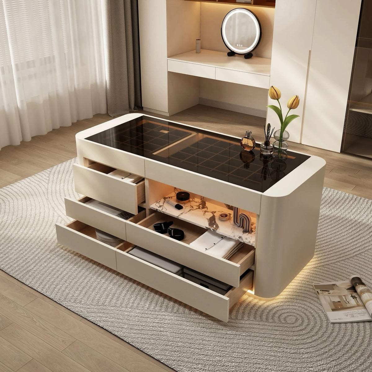 Hommie Cream Curved Island Cabinet with Drawers and LED HBCB033 1