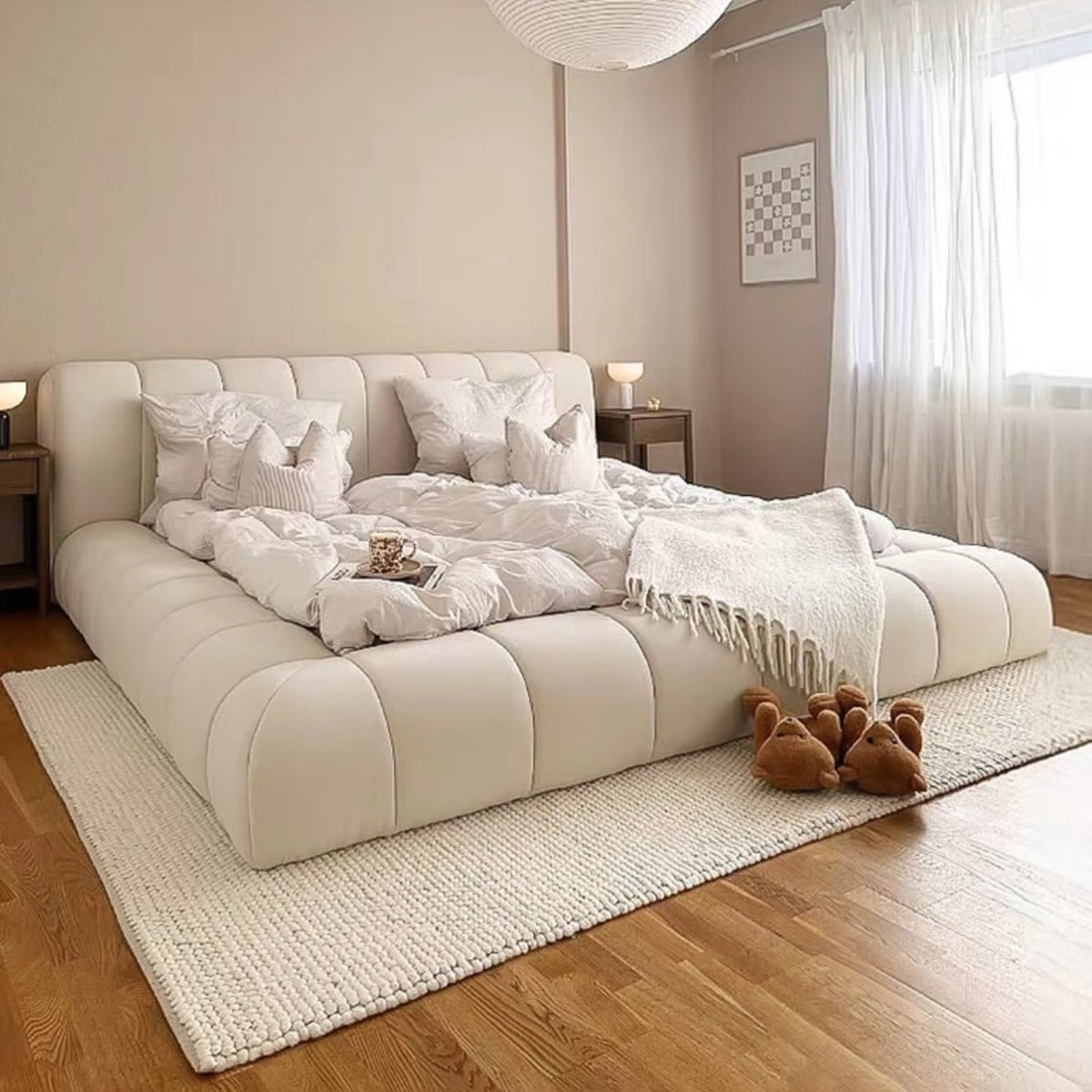 Hommie Cream Channel Tufted Low Platform Bed HBBD047 1