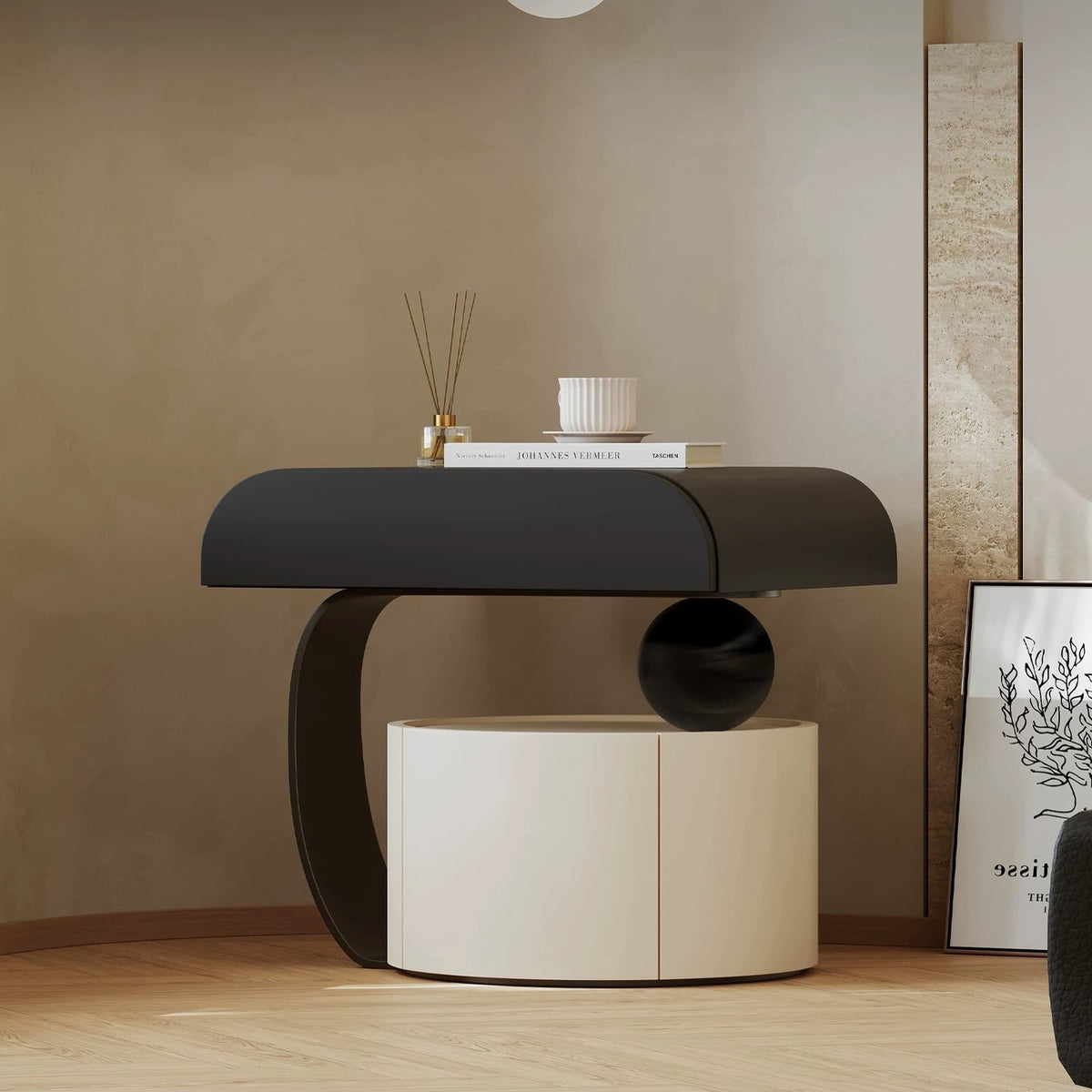 Hommie Black Curved Top White Drum Side Table HBLC046 1