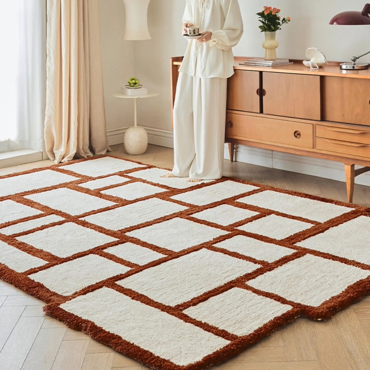 Hommie Terracotta Grid Wool Carpet HBCR034 4