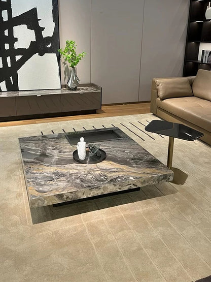 Hommie Grey Stone Square Coffee Table with Inset Tray HBFT058 2