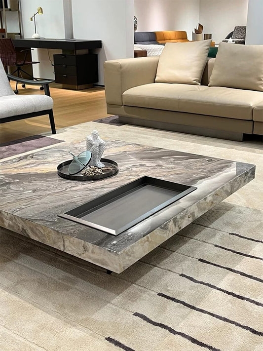 Hommie Grey Stone Square Coffee Table with Inset Tray HBFT058 1