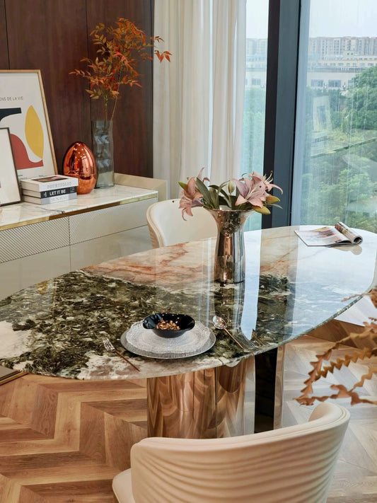 Hommie Green Marble Gold Base Oval Dining Table HBTD055 1