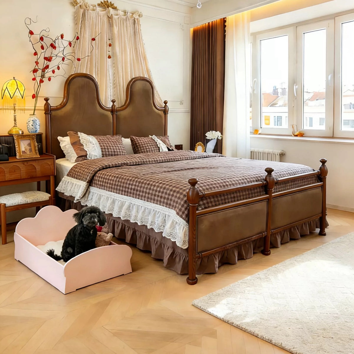 Hommie Dark Wood Scalloped Headboard Bed HBBD041 1
