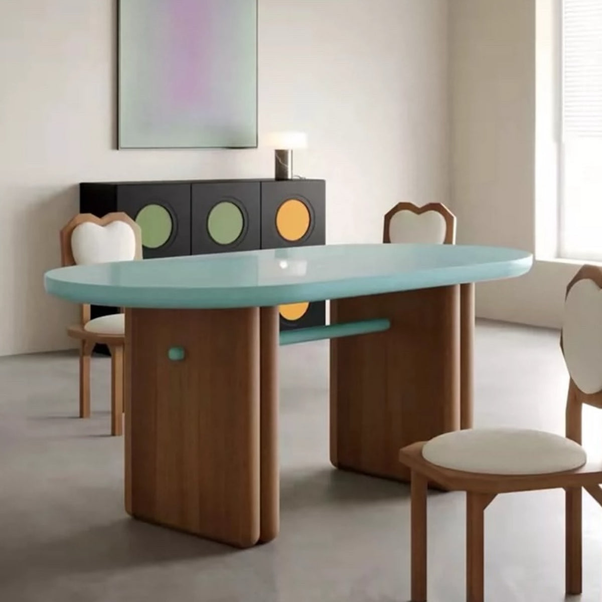 Hommie Teal Top Walnut Leg Oval Multi-purpose Table HBTD053 1