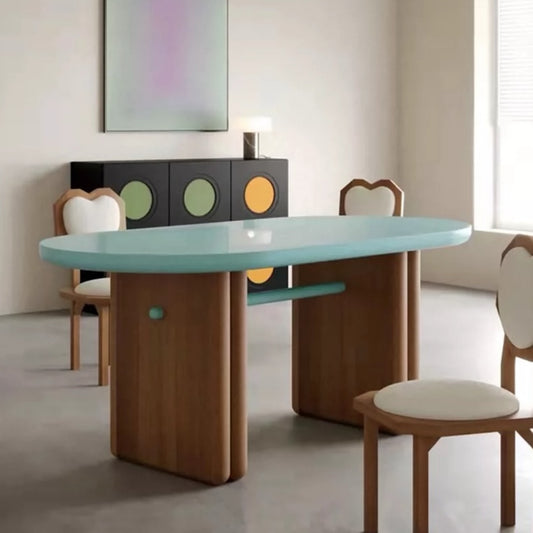 Hommie Teal Top Walnut Leg Oval Multi-purpose Table HBTD053 1