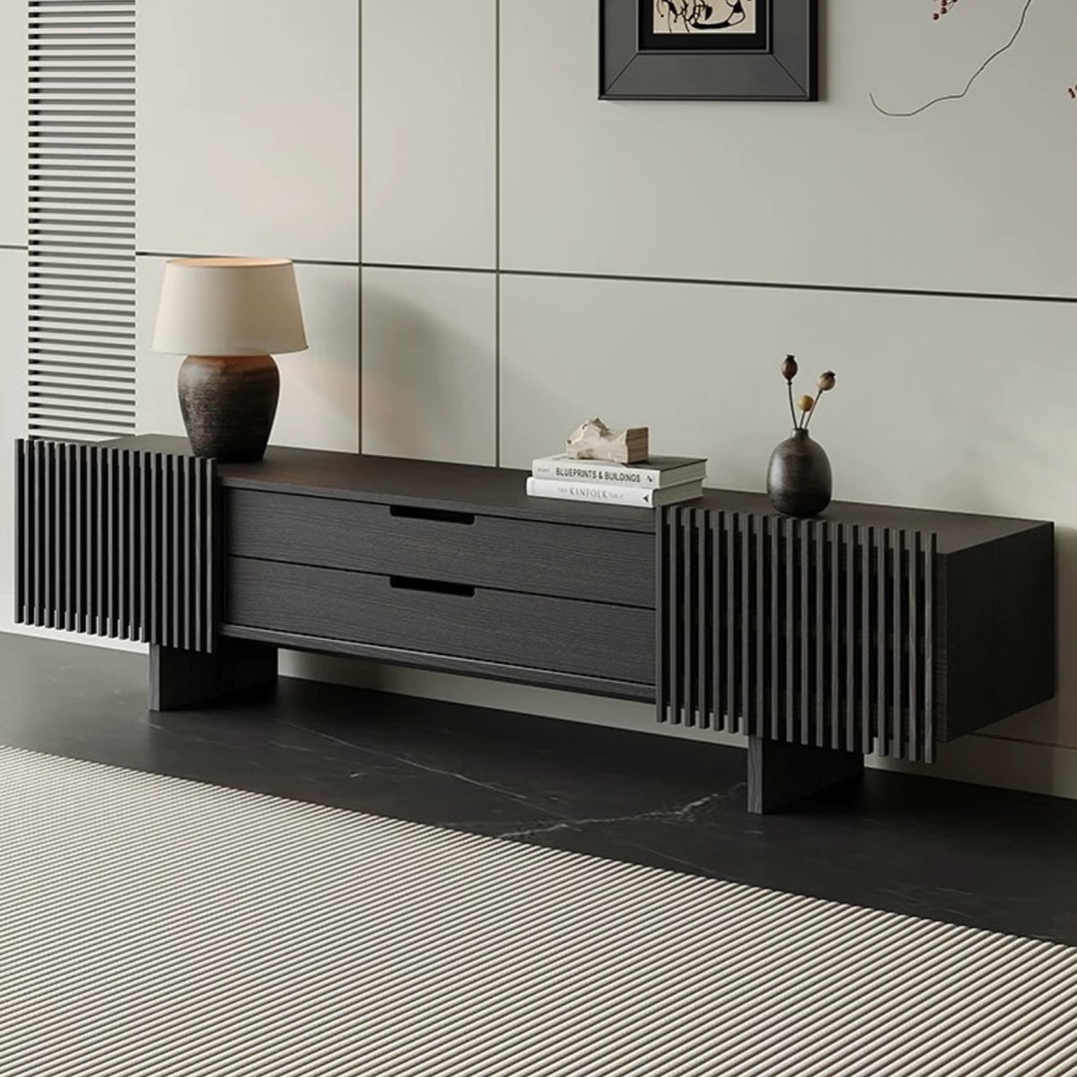 Hommie Black Ribbed Side Wood TV Console HBTC027 1