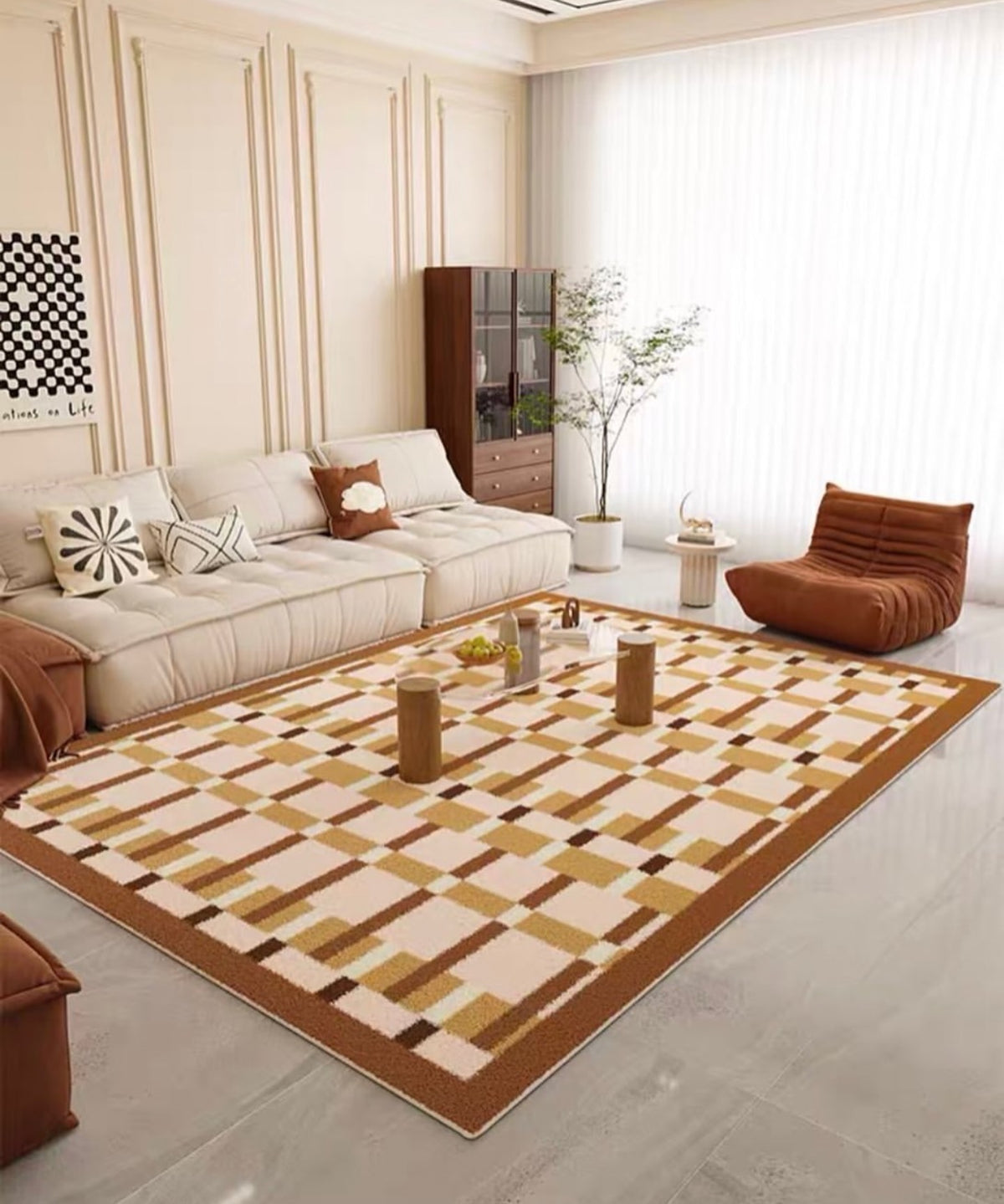 Hommie Brown Cream Grid Carpet HBCR027 1