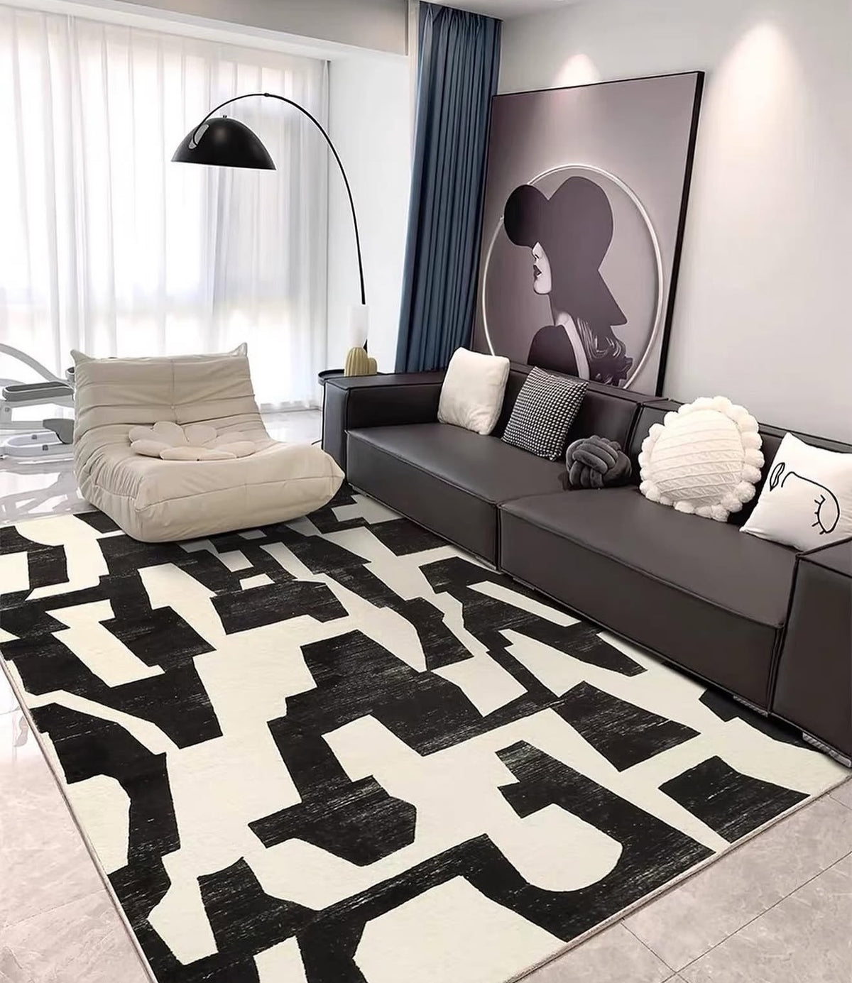 Hommie Black Cream Block Pattern Carpet HBCR026 2