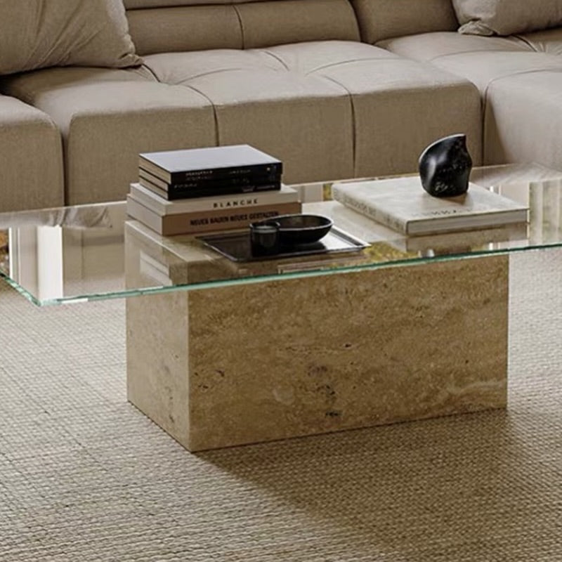 Hommie Travertine Block Glass Top Coffee Table HBFT045 2