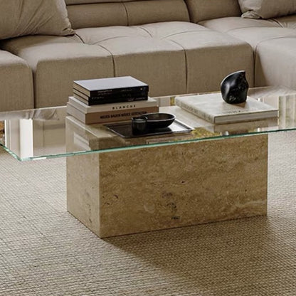 Hommie Travertine Block Glass Top Coffee Table HBFT045 2