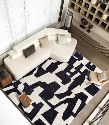 Hommie Black Cream Block Pattern Carpet HBCR026 1