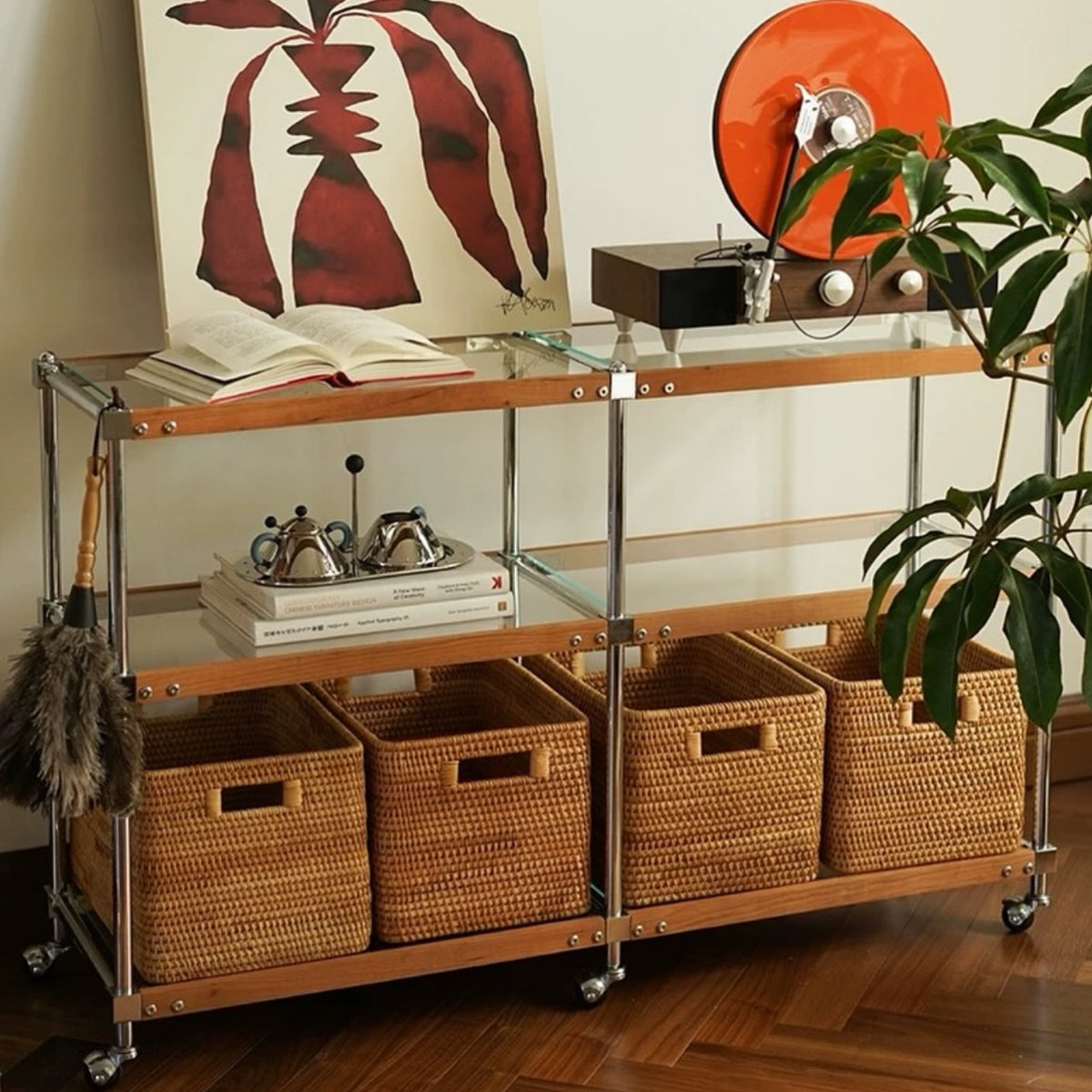Hommie Chrome Wood Glass Shelf Rolling Cart HBCT018 1