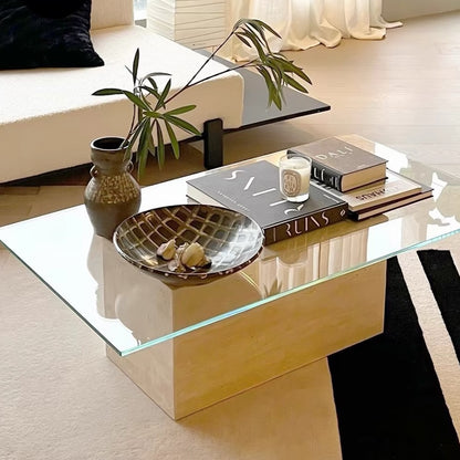 Hommie Travertine Block Glass Top Coffee Table HBFT045 1
