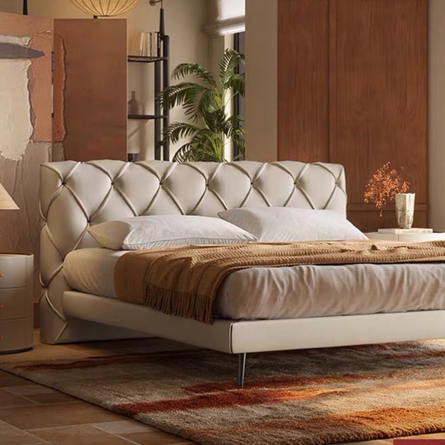 Hommie White Diamond Tufted Leather Bed HBBD030 1